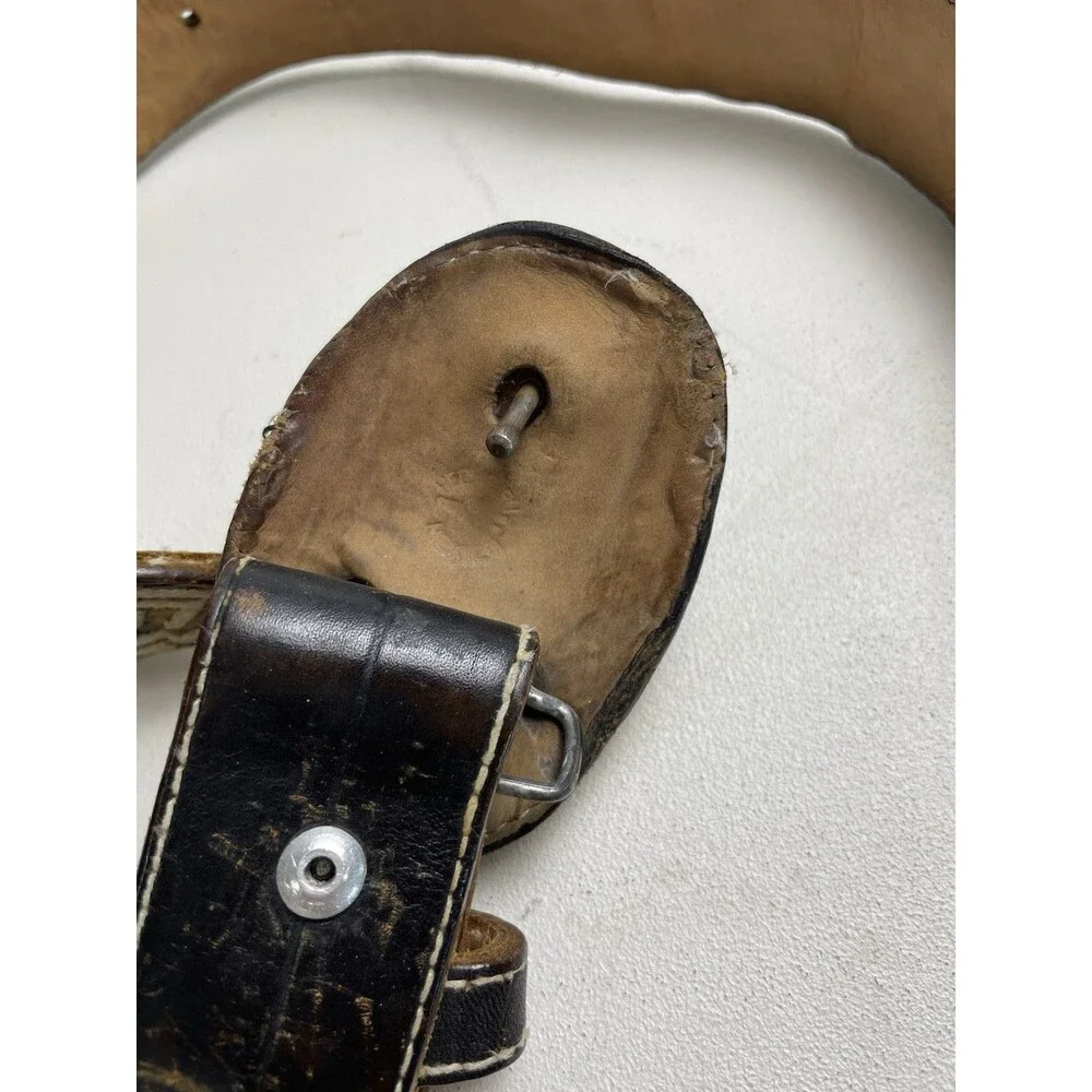Vintage distressed embroidered bird belt leather with turtle shell belt buckle